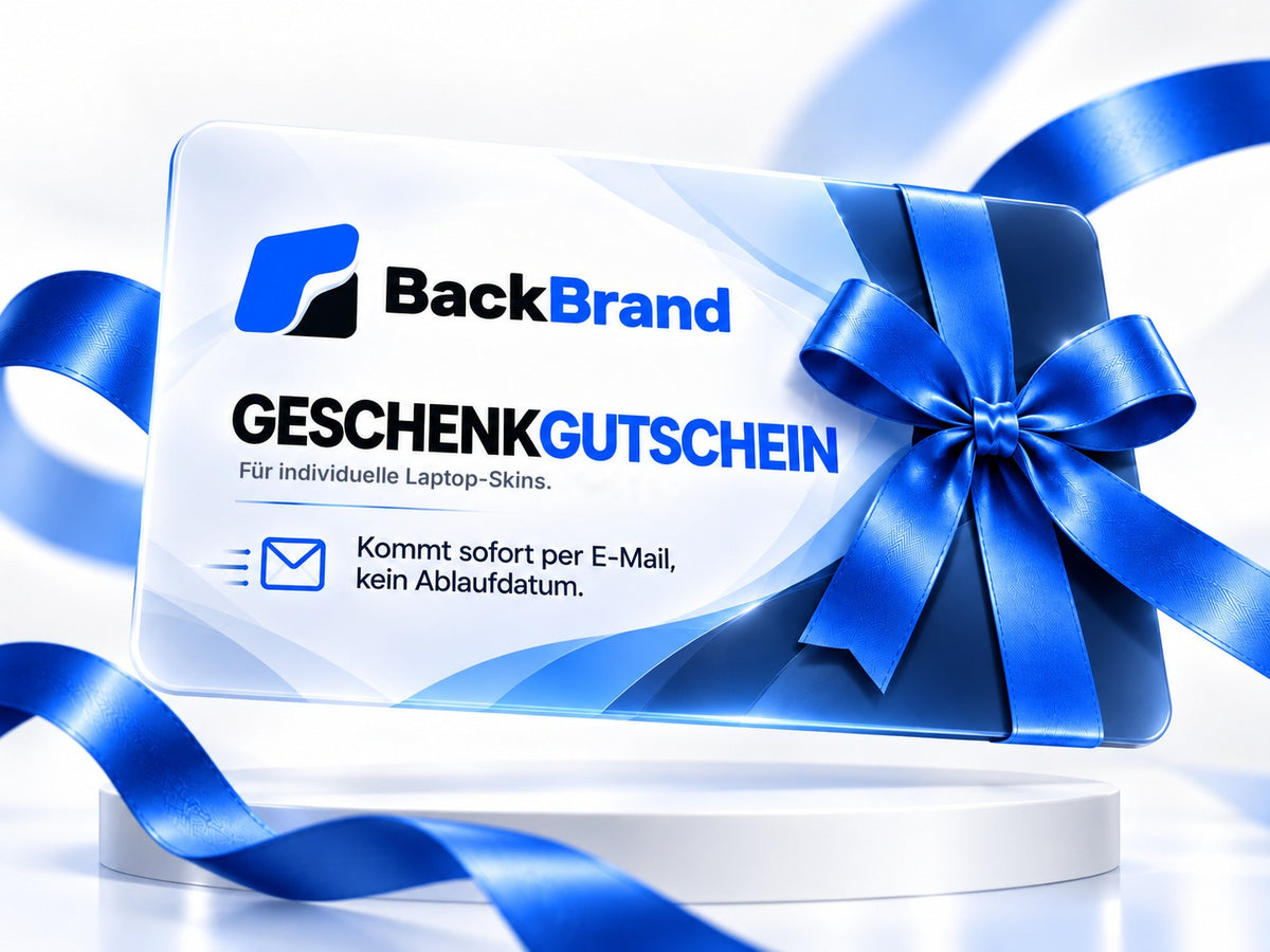 BackBrand Geschenkgutschein: Karte mit blauer Schleife, für individuelle Laptop-Skins, kommt sofort per E-Mail, kein Ablaufdatum