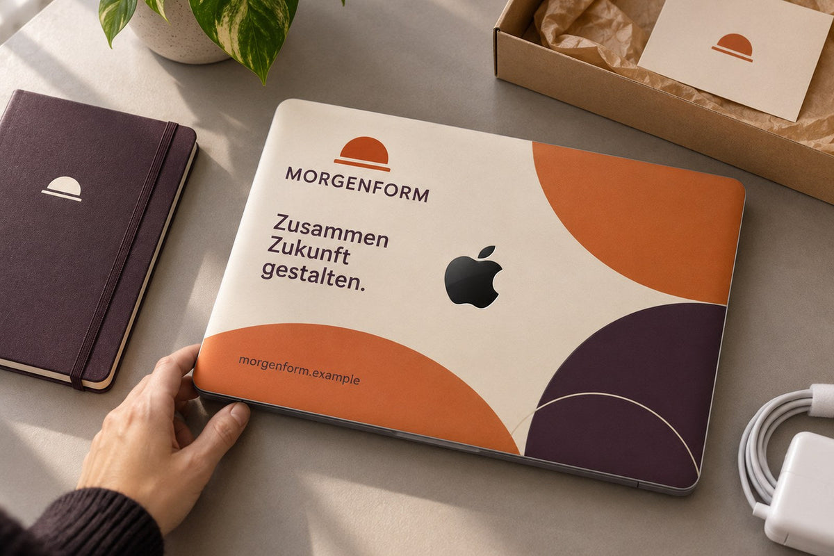 MacBook-Skin in warmem Beige-Orange mit Wortmarke, auf dem Schreibtisch. AI-generiertes Bild.