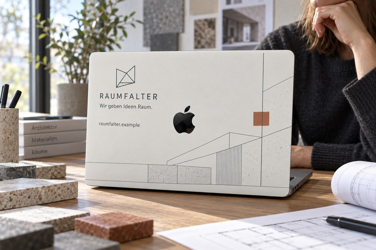 Minimalistischer MacBook-Skin in Weiss mit feinem Logo. AI-generiertes Bild.