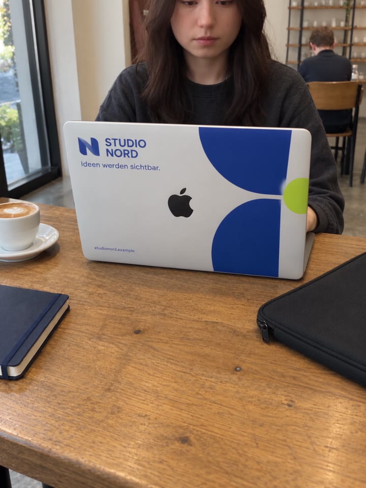 MacBook mit gebrandetem Skin auf einem Cafetisch, Standbild aus dem Video. AI-generiertes Bild.